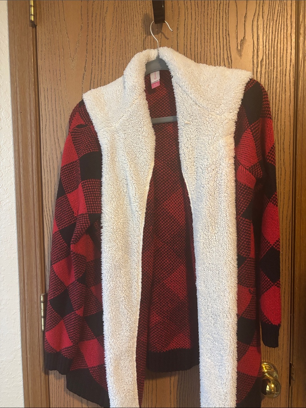 No Boundaries Red and Black Buffalo Plaid Cardigan with Cream Sherpa Trim
